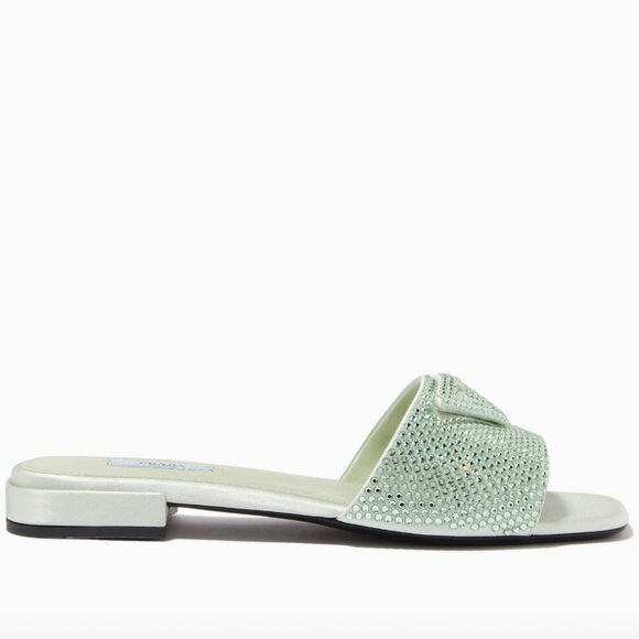 Prada Satin Crystal Embellished Acqua Slide Mules Sandals 37.5, 1XX642 NEW - Picture 11 of 16